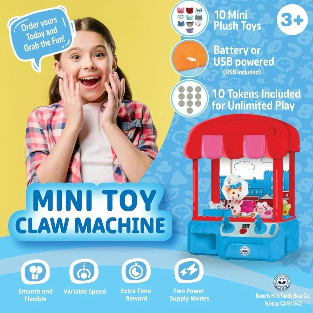 Mini Toy Claw Machine, Red and Blue Arcade Game With 10 Mini Plush Toys & Tokens